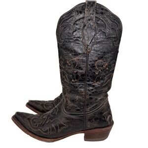 Pecos Bill Women Boot Size 8 Dark Mocha Inlay Distressed Leather Cowgirl Western